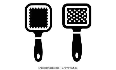 A vector icon set of pet grooming brushes, featuring a slicker brush and a pin brush, designed for pet care, hygiene, and grooming service concepts.