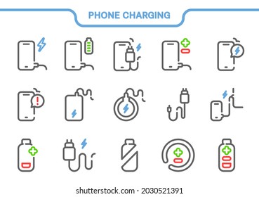 Vector icon set. Phone charging collection: сharger, plus, minus, port, wireless, power bank, full, empty, notification, electricity