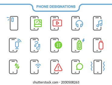 Vector icon set. Phone designations collection: photo, camera, audio, video, headphones, microphone, data transfer, battery full, empty, internet, attention, new message, vibration, notification