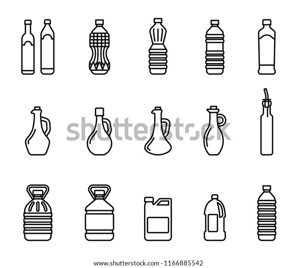 Vector icon set of pictures of\
different types of oil for cooking. Group bottles of oil for\
frying