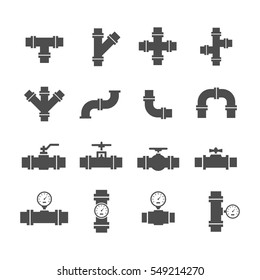 Vector icon set pipe parts. Simple silhouettes of tubes, valves, taps and pipe connectors. Pipeline and sewer systems. 