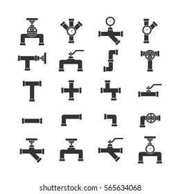 Vector icon set pipe parts. Simple silhouettes of tubes, valves, taps and pipe connectors. Pipeline and sewer systems.