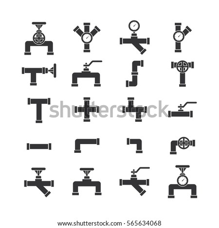Vector icon set pipe parts. Simple silhouettes of tubes, valves, taps and pipe connectors. Pipeline and sewer systems.
