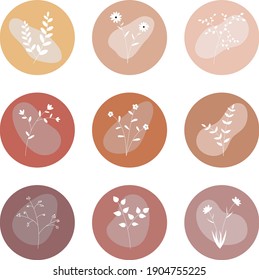 Vector Icon Set Of Plants For Social Media Or Web. Set Of Brown Plants And Flowers With A Circle. Social Media Highlights Nature Icons With Earthy Colors