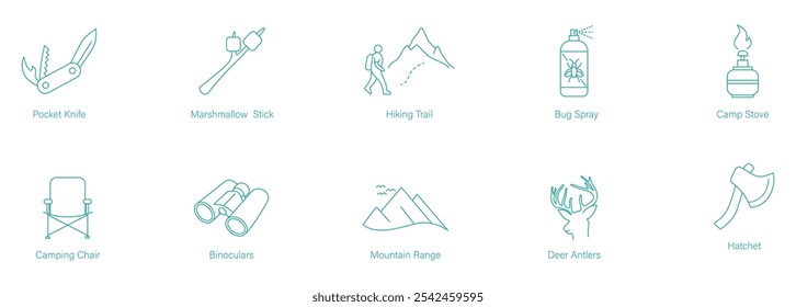 Conjunto de Vector Icon de navaja de bolsillo, palo de malvavisco, sendero para senderismo, espray de insectos, estufa de campamento, silla de camping, binoculares, cordillera, cuernos de ciervo y hacha para la exploración al aire libre