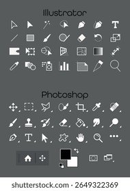 Vector icon set of popular graphic design and editing tools on a dark background. Perfect for tutorials, interface concepts, and creative projects. Flat minimal style for digital use.