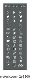 Conjunto de iconos de Vector de herramientas populares de Diseño gráfico y edición sobre un fondo oscuro. Perfecto para tutoriales, conceptos de interfaz y proyectos creativos. Estilo minimalista plano para uso digital.