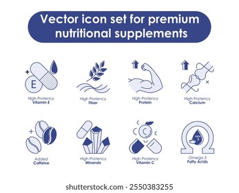 Ícone de vetor definido para suplementos nutricionais premium. Apresenta cápsulas e elementos naturais como vitamina E, proteína, fibra, minerais e ômega-3 para uma saúde equilibrada.