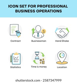 Vector icon set for professional business operations. Features businessman, location pin, time is money, statistics, handshake, and contract.
