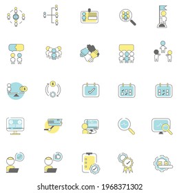vector icon set for project management , monitored , Quality , human resource , team work and  cost management  and budget in blue and yellow colour