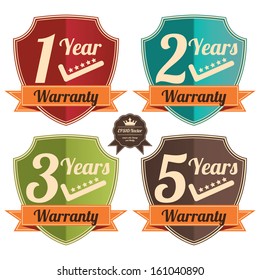 Vector : Icon Set for Quality Assurance and Quality Management Concept Present By Colorful Vintage Style Shield or Badge With 1-5 Years Warranty and Check Mark Sign Isolated on White Background