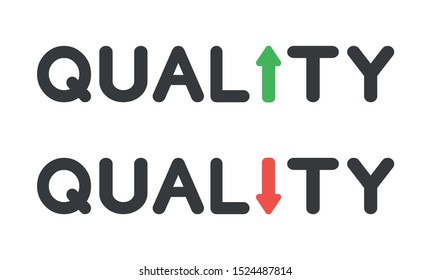 Vector icon set of quality word with arrow moving up and down. Flat color style. 