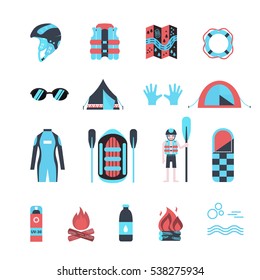 Vector icon set for rafting and camping activities. Vest, round-buoy, raft, camping fire, helmet, oar, clothing, tools, tent etc. Fully editable. Flat design. On isolated background. For web and paper