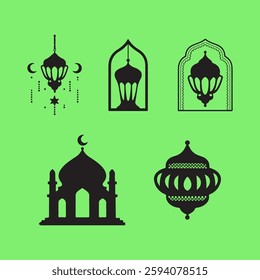 Vector icon set of Ramadan featuring Islamic symbols such as crescent moon, lantern, mosque, prayer, and traditional food. Perfect for Ramadan celebration designs, posters, and digital projects.