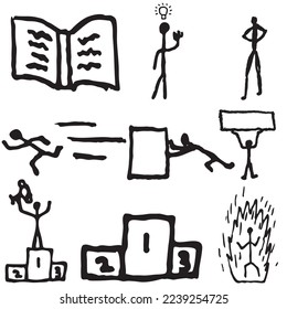 Vector Icon Set of Reach Goal. Stickman Run, Push, Idea, Power Up, Champion, Lift, Opened Book, Confident