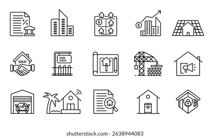 Vector icon set of real estate, property and housing concepts including homes, buildings and agents for business