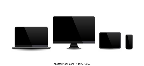 Vector Icon Set of realistic modern devices mockups: monitor, laptop, tablet, smartphone. isolated on white background.