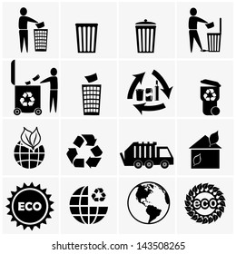 Vector icon set of recyclable materials for waste management