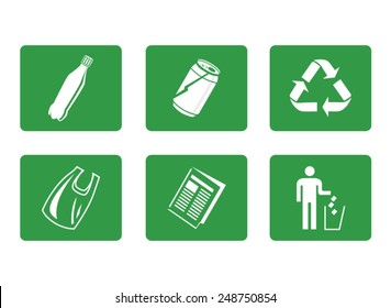 Vector icon set of recyclable materials for waste management labels