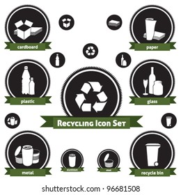 Vector icon set of recyclable materials for waste management labels, publications, infographics, etc.