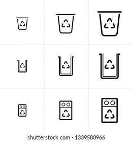 Vector icon set of recycle bin elements isolated on white background.