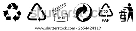 Vector icon set of recycling, disposal, and packaging symbols including Mobius loop, PAP code, 12M shelf life, and trash bin. Ideal for eco product labeling and sustainable packaging.