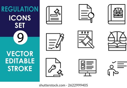 Conjunto de Vectores de líneas con temas de regulación, con documentos, martillos, escalas, listas de verificación, lupa, persona y llaves. Trazo editable, estilo de contorno negro minimalista