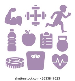 Vector icon set related to a healthy lifestyle, fitness: muscular arm flexing, running person, apple, heart with pulse line, water bottle, scale, kettlebell, to-do list, body tape measure, dumbbells.