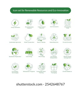 Conjunto de iconos de Vector para recursos renovables y ecoinnovación. Cubre iconos relacionados con la optimización de la energía, la conservación del agua, la reforestación, la economía circular y el transporte ecológico.