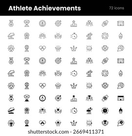 Vector icon set representing athletic achievements, including medals, trophies, awards, podiums, and sports recognition symbols. Fully editable and scalable.
