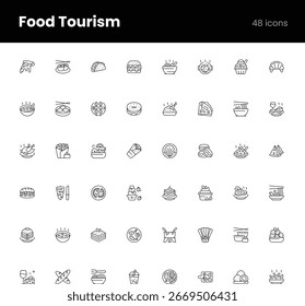 Vector icon set representing food tourism, featuring culinary travel, local cuisine, street food, gastronomy, food festivals, and cultural dining. Fully editable and scalable.
