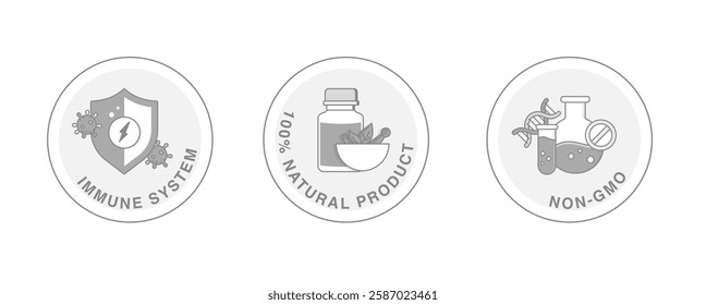 A vector icon set representing immune system support, 100% Natural Product, and Non-GMO Certification with a focus on natural products and non-GMO verification.