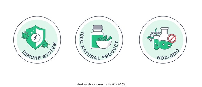 A vector icon set representing immune system support, 100% Natural Product, and Non-GMO Certification with a focus on natural products and non-GMO verification.