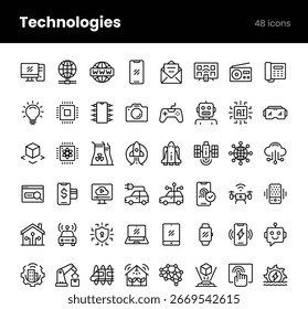 Conjunto de ícones vetoriais representando tecnologias modernas, incluindo IA, computação em nuvem, robótica, ciência de dados, IoT, segurança cibernética e inovação. Totalmente editável e escalável.