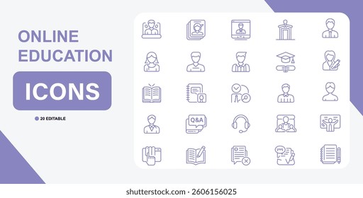 a vector icon set representing online education. the icons depict various aspects of e learning, including students, teachers, courses, webinars, and educational tools. editable and modern design
