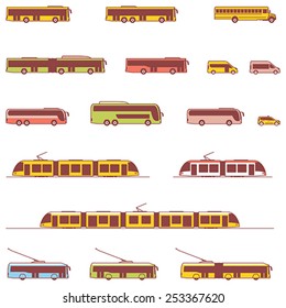 Vector icon set representing public transport vehicles - Bus, tramway, trolleybus