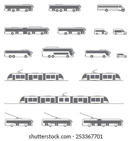 Juego de iconos vectores que representan vehículos de transporte público - Autobús, tranvía, trolebús