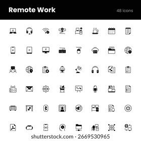 Conjunto de ícones vetoriais que representam o trabalho remoto, incluindo home office, reuniões virtuais, colaboração on-line, ferramentas digitais, trabalho flexível e freelancing. Totalmente editável e escalável.