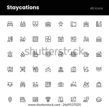 Vector icon set representing staycations, featuring local travel, home relaxation, self-care, backyard activities, wellness, and leisure time. Fully editable and scalable.