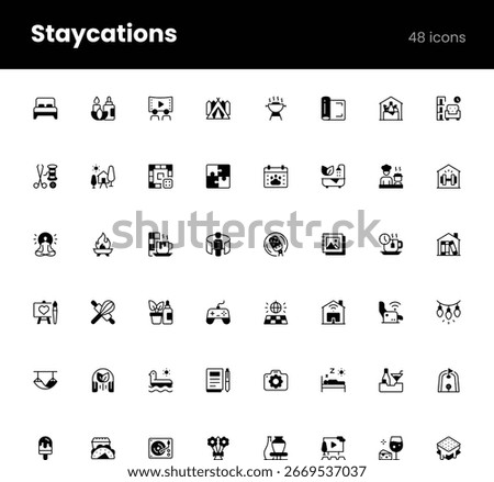Vector icon set representing staycations, featuring local travel, home relaxation, self-care, backyard activities, wellness, and leisure time. Fully editable and scalable.