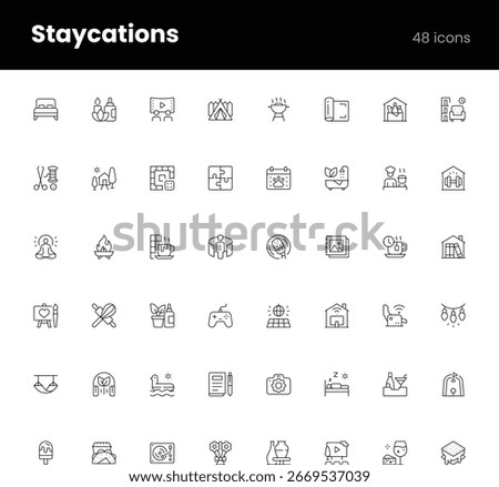 Vector icon set representing staycations, featuring local travel, home relaxation, self-care, backyard activities, wellness, and leisure time. Fully editable and scalable.