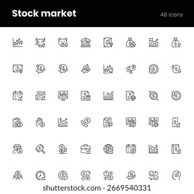 Conjunto de ícones de vetor que representam conceitos do mercado de ações, incluindo negociação, investimento, ações, gráficos, mercados de touros e ursos, crescimento financeiro e análise. Totalmente editável e escalável.