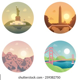 Vector icon set representing United States of America travel destinations. Statue of Liberty in New York,  Washington Monument, Mount Rushmore and San Francisco Golden Gate bridge