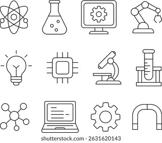 Vector icon set representing various science and technology concepts. Includes icons of atoms, DNA, laboratory equipment (flask, beaker, test tube), microscope, robotics arm, computer chip, light bulb