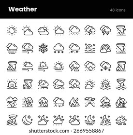 Vector icon set representing weather conditions and forecasts, including sun, clouds, rain, snow, storms, temperature, and wind. Fully editable and scalable.