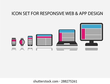 Vector icon set for responsive app development and web development on mobile devices such as smart phone, smart watch, wearables, tablets, notebooks and computers. 