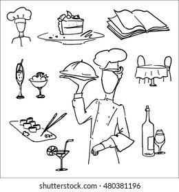 vector icon set, restaurant, waiter, food, dessert, wine, sushi, menu, cake, glass