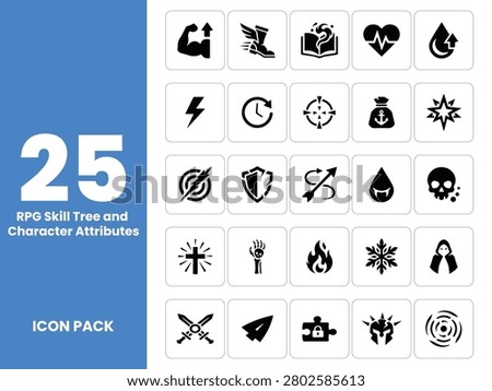 Vector icon set of role playing game mechanics, skill tree upgrades, and character attributes. High quality solid glyph icon pack featuring symbols for magical spells, combat abilities, defense shields, health vitality, and elemental status effects. Clean geometric emblems isolated on a white background.