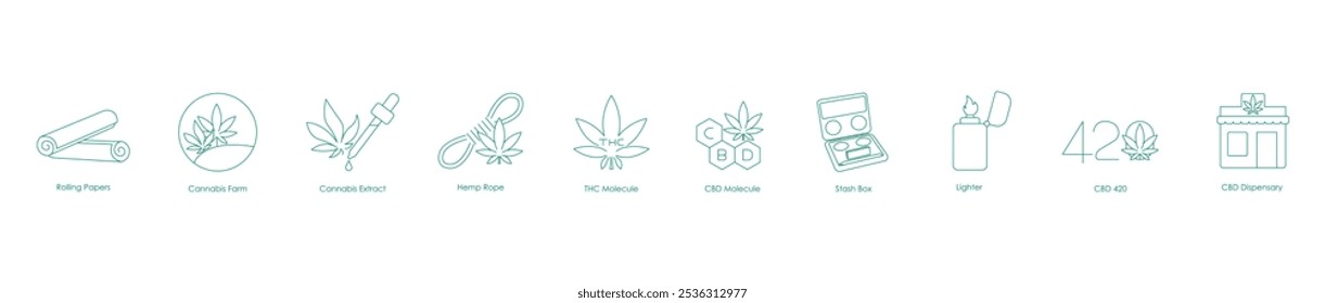 Conjunto de ícones vetoriais para Rolling Papers, Cannabis Farm, Hemp Rope e CBD Dispensary Essentials