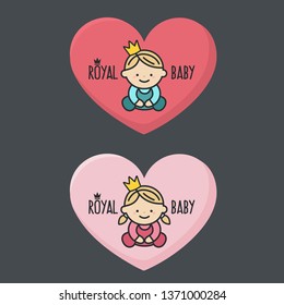 Vector Icon Set Of Royal Baby Boy And Girl. Royal Children In A Crown And Blue, Pink Pajamas. Prince And Princess On A Pink Heart Background. Illustration Of A Royal Child In Flat Minimalism Style